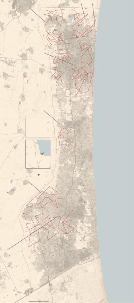 加沙地图，2014年哈马斯隧道用红色标出