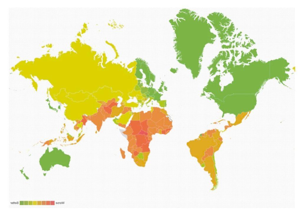地图显示准备好应对气候变化的国家和准备不足的国家
